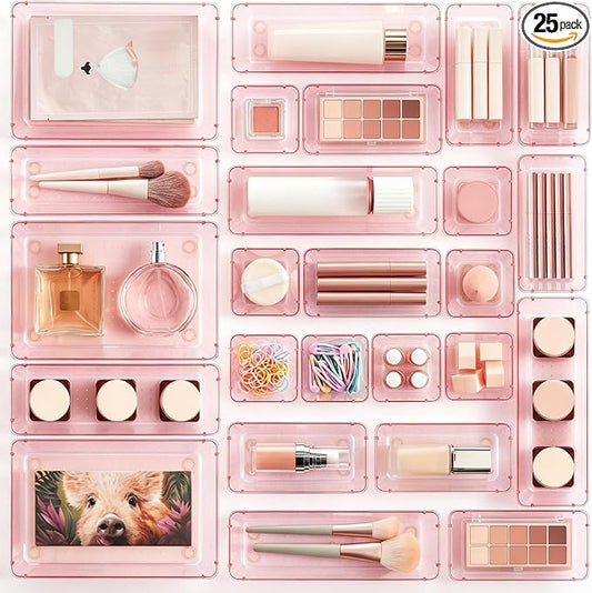 Vtopmart 25 PCS Plastic Drawer Organizers Set, 4-Size Versatile Bathroom and Vanity Drawer Organizer Trays, Storage Bins for Makeup, Bedroom, Kitchen Gadgets Utensils and Office