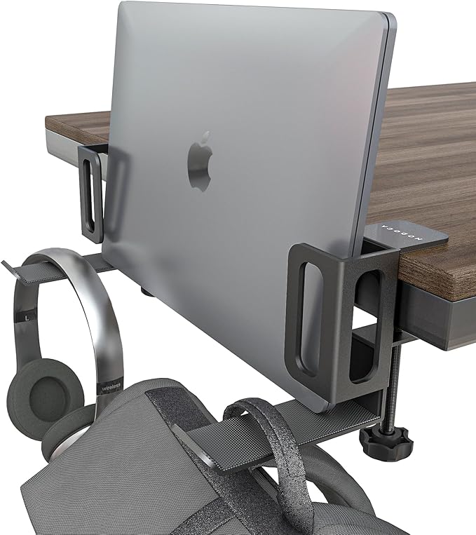 NODOCA Laptop Storage for Desk, MacBook Vertical Stand, Vertical Laptop Stand, with Headphone Holder, Desk Side Storage, Laptop Storage Rack[M, Black]