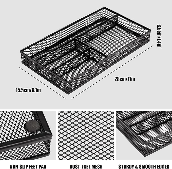 shenee Desk Drawer Organizer Tray,Drawer Organizer for Office and Home,Desk Organizer with Drawers,4 Compartments,Non-Slip Desk Organizers and Accessories for Stationery Makeup School (Black)