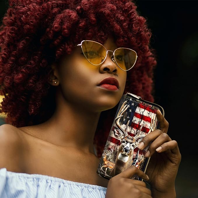 RFID-Blocking Zip Around Wallets for Women with Detachable Wrist Strap,Large Capacity Phone Holder with Card Organizer & Coin Pocket,Deer and American Flag