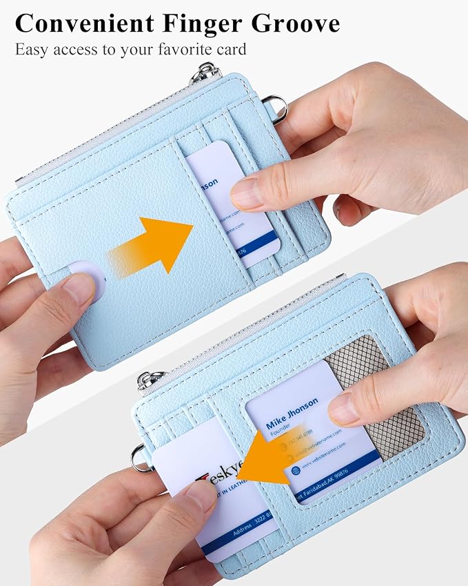 Teskyer Slim Card Holder Wallet with Zip Pocket, RFID Blocking, Total 9 Compartments Large Capacity, 3.5" x 4.7" (Slight Larger Than Usual), Faux Leather - Cyan