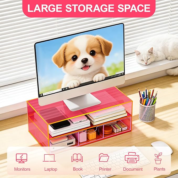 Gelite Acrylic Computer Monitor Stand for Desk Monitor Riser with Drawer Desktop Monitor Shelf with Storage, Neon Pink