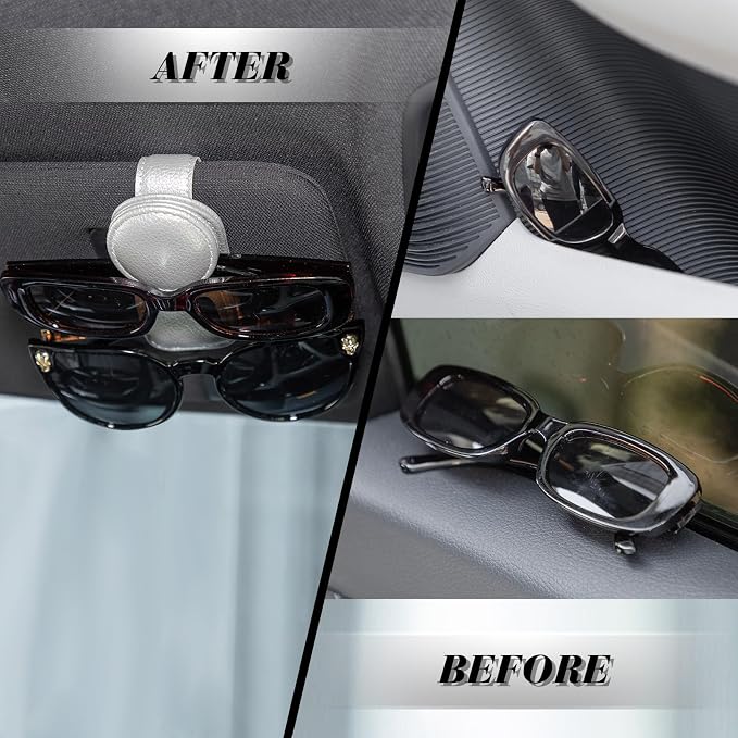 Konohan Sunglasses Holder for Car Visor Leather Eyeglass Hanger Magnetic Sunglasses Holder with 2 Clips(Silver Pearl)