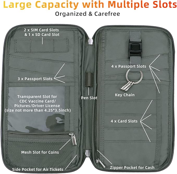WALNEW RFID Family Passport Holder Wallet with Tracker/AirTag Holder, Travel Document Organizer Zipper Pouch with Wristlet and Cross Body Straps for Women Men