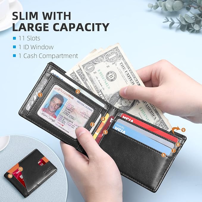 Zitahli Bifold Wallets for Men - Slim RFID Leather Credit Card Holder for 6-11 Cards, Minimalist Thin Wallet with ID Window & Cash Slot,Front Pockt Carteras Para Hombres, Birthday Gifts for Men | Slim, RFID Blocking, Premium, Front Pocket, Gift Box, Le...