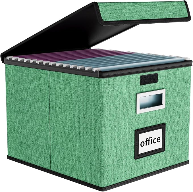 File Organizer Box with Lid, Collapsible File Folder Organizer for Office Document Storage, Filing Box with Plastic Slide for Letter Size Hanging File Folders(1 Pack, Light Green)