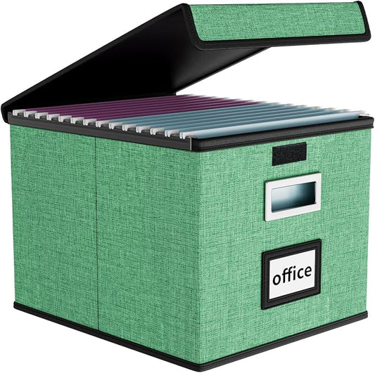 File Organizer Box with Lid, Collapsible File Folder Organizer for Office Document Storage, Filing Box with Plastic Slide for Letter Size Hanging File Folders(1 Pack, Light Green)