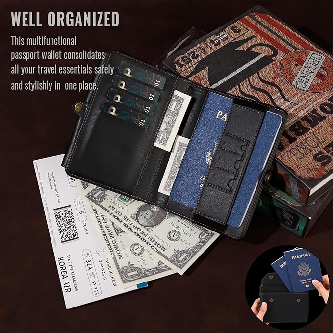 ASAPDOS RFID Blocking Family Passport Holder Wallet,Hold 2-3 Passports for Travel with Credit Card Slots & Wrist Crossbody Strap Black
