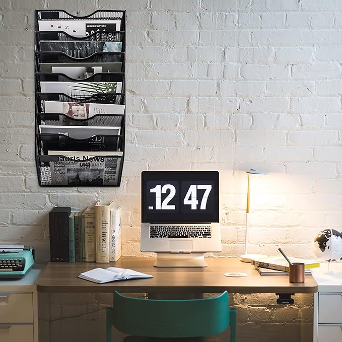 EASEPRES 8 Pocket Mesh Hanging Wall File Organizer, Wall Mounted Mail Paper Document Folder Holder, Clipboard Storage Organization Magazine Rack with Nametag Label for Office Home School, Black