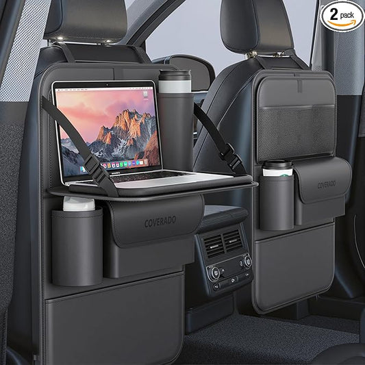 Coverado Car Backseat Organizer(2 Packs) with Tablet Tray, Nappa Leather Organizer for Car Seat Back, Waterproof Car Seat Organizer with Touch Screen, Seat Protector Kick Mats for Kids