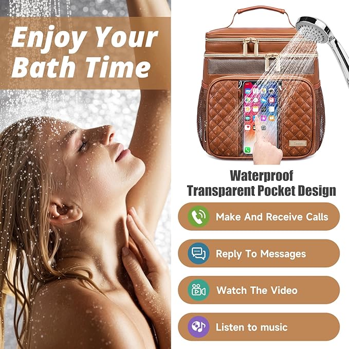Large Leather Toiletry Bag for Women Men,Bathroom Bag,Water Resistant Shower Bag,Makeup Bag,Portable Shower Caddy for College Dorm,Hanging Travel Toiletry Bag with Transparent Waterproof Phone Pocket