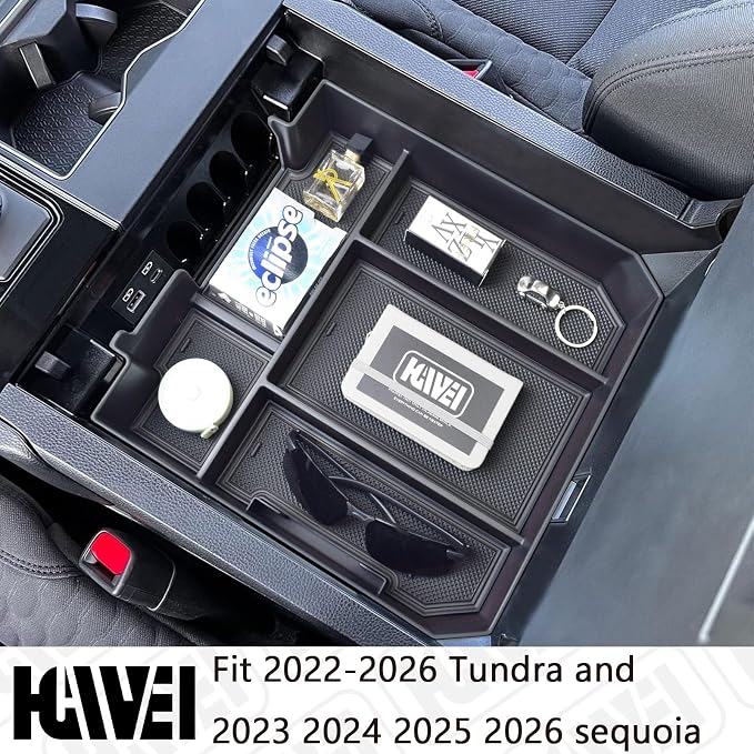HGWEI Center Console Organizer Compatible with Toyota Tundra 2022 2023 2024 2025 2026 and 2023-2026 Toyota sequoia Accessories Insert Tray Armrest Secondary Storage Box Coin Holder (Black Trim)