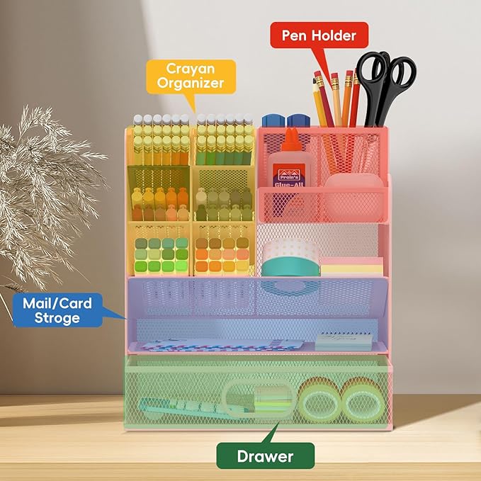 Pen Organizer for Desk - Multi-Functional Pencil Holder with Drawer Desk Organizers, Large Capacity Storage for School Office Home Supplies (Pink)