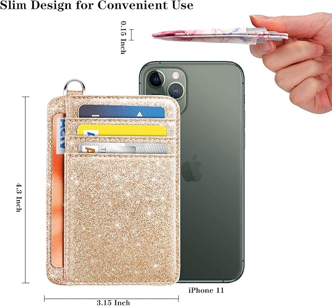 Coco Rossi Slim Front Pocket Wallet RFID ID Card Holder Cute Small Wallet with Keychian for Women,Champagne Gold Glitter