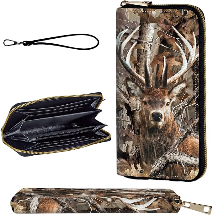 Wallet,Leather Long Wallet Suitable For Ladies And Teenagers - Detachable Wristband + RFID Travel Wallet With Card Slot - Camo Forest Deer
