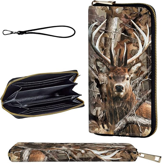 Wallet,Leather Long Wallet Suitable For Ladies And Teenagers - Detachable Wristband + RFID Travel Wallet With Card Slot - Camo Forest Deer