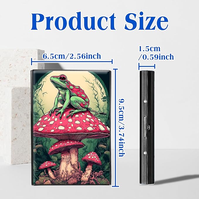 RFID Blocking Credit Card Holder - Slim Metal Wallet for Women & Men,Frog Sitting on Mushroom Design Stainless Steel Business Card Case,Compact Pocket Organizer for Travel & Daily Use