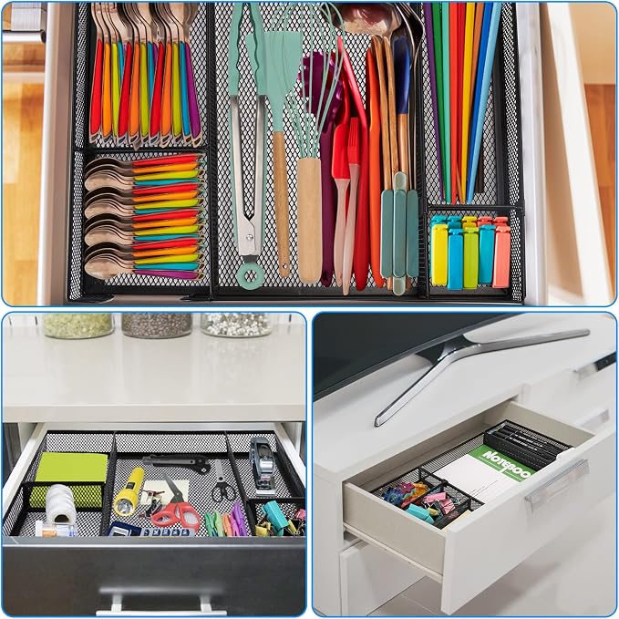 Desk Drawer Organizer Tray with Adjustable Compartments, 6 Grid Metal Mesh Drawer, Multi-use Desk Organizer Storage Box Set for Office,Home,School Supplies, 12.6X9X1.9 inch
