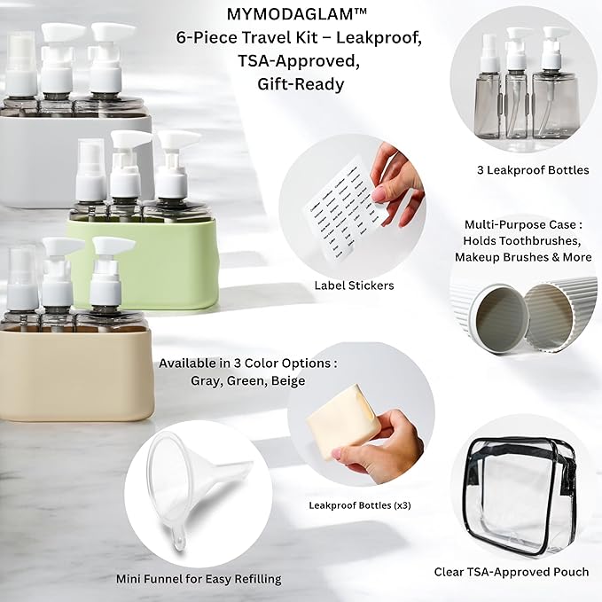 Travel Bottle Set – TSA Approved, Leakproof Toiletry Kit for Carry-On, Refillable Containers for Spring & Summer Travel (Light Gray)