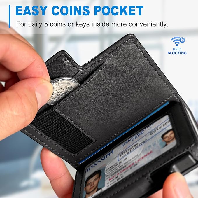 miyozi Men Wallet,with Money Clip Coins Pocket ID Window,Slim Front Pocket RFID Blocking Pop-up Card Holder 3.9"x 2.7", Gift Boxed