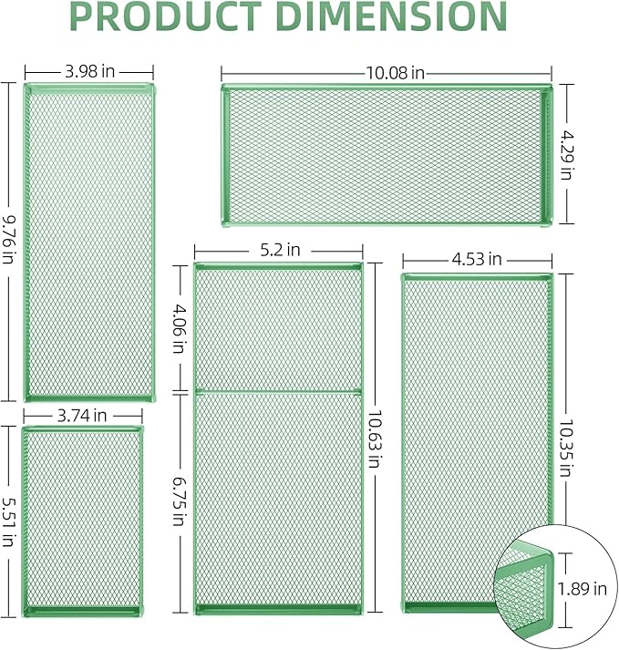 Marbrasse 5 Pack Desk Drawer Organizer Set, Mesh Drawer Storage Trays with 1 Adjustable Divider, Desk Organizers and Accessories, 5 PCS Drawer for Office Supplies, Makeup & Vanity (Green)