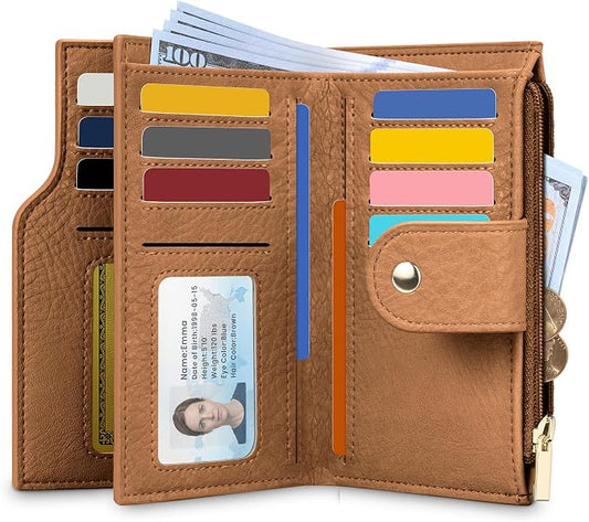 Airkit Small Women's Bifold Wallet, RFID Blocking Credit Card Holder with Zipper, Travel Cute Coin Pocket Wallet for Ladies, Brown