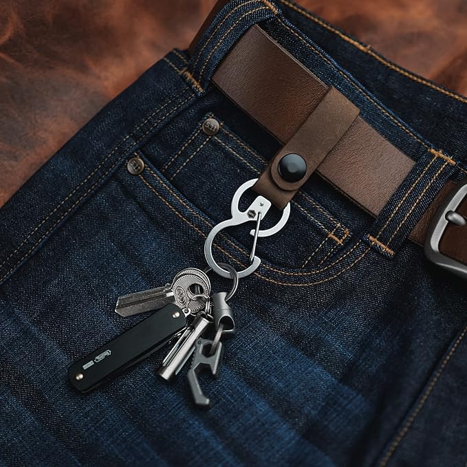 KeyUnity KS03 Leather Belt Keychain with 420 Stainless Steel Carabiner Clip - Multi-Use Key Holder for EDC Outdoor, Home & Travel