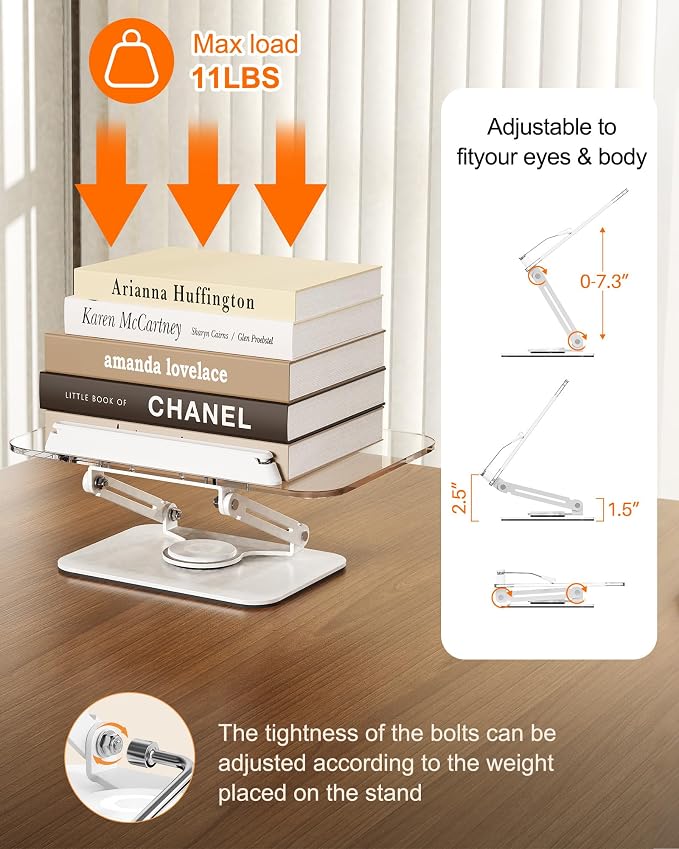Acrylic Book Stand for Reading, Adjustable Book Holder with 360° Rotating Base & Elastic Page Clips, Foldable Desktop Riser Stand for Cookbook,Laptop,Tablet,Music Scores,Recipe,Textbook (White, 11.8")