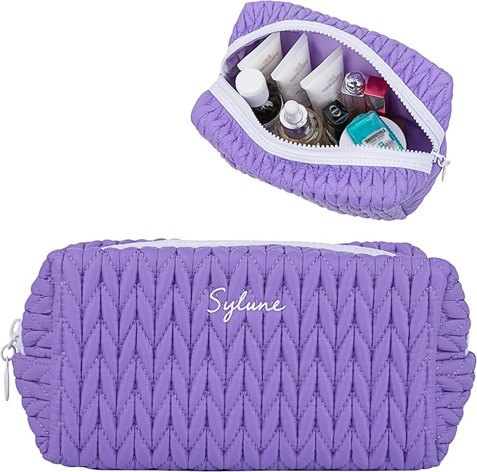 Knitty Bag – Lavender Quilted Makeup Bag for Women, Lightweight Waterproof Cosmetic Organizer, Soft Nylon Travel Pouch, Elegant Gift Choice
