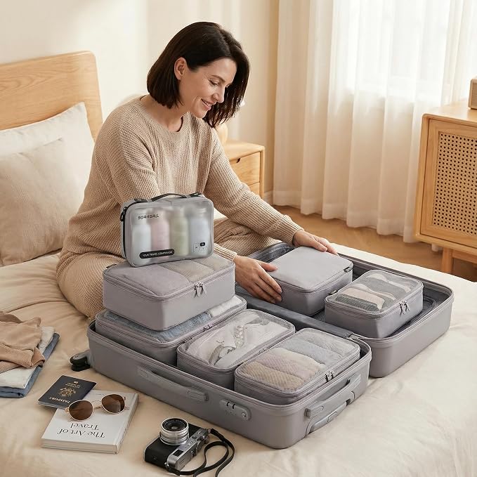 6 Set Compression Packing Cubes for 7–14 Day Travel, Misty Silver | Nylon Oxford Fabric, Full Breathable Mesh, Reinforced Double-Zipper, Small to Large Size Bag, Expandable Packing System
