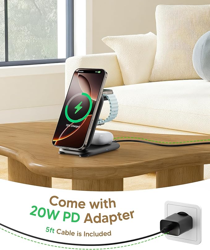 2025 Traveling Fast Wireless Charging Station for Apple Devices, Magnetic 3 in 1 MagSafe Charger Stand for iPhone 17 16 15 14 13 12 Pro Max Plus Air, Apple Watch&Air pods Pro-Sweet Gifts, BK