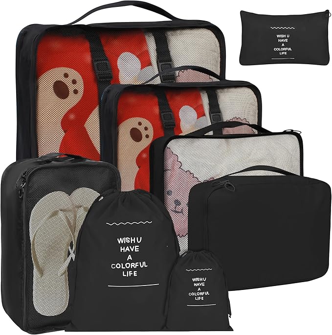 8 Set Packing Cubes for Suitcases, kingdalux Black Travel Luggage Packing Organizers with Laundry Bag, Compression Storage Shoe Bag, Clothing Underwear Bag, for Women & Man