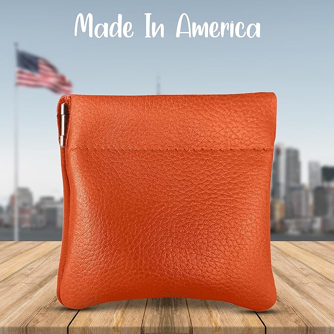 Nabob Leather Genuine Leather Squeeze Coin Purse, Coin Pouch Made IN U.S.A. Change Holder For Men/Woman Size 3.5 X 3.5 (Orange)