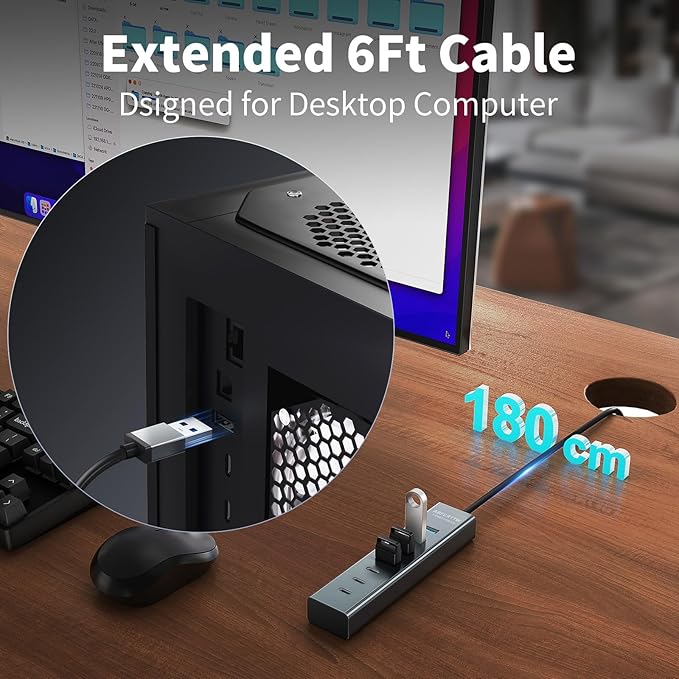 6Ft 7-Port USB Hub 3.0 for Desktop, 4 USB-A & 3 USB-C Ports Aluminium 5Gbps USB Extender Hub, USB Splitter, USB Hub Long Cable for Desktop, PC, Flash Drive, Mobile HDD SSD, Windows/XPS