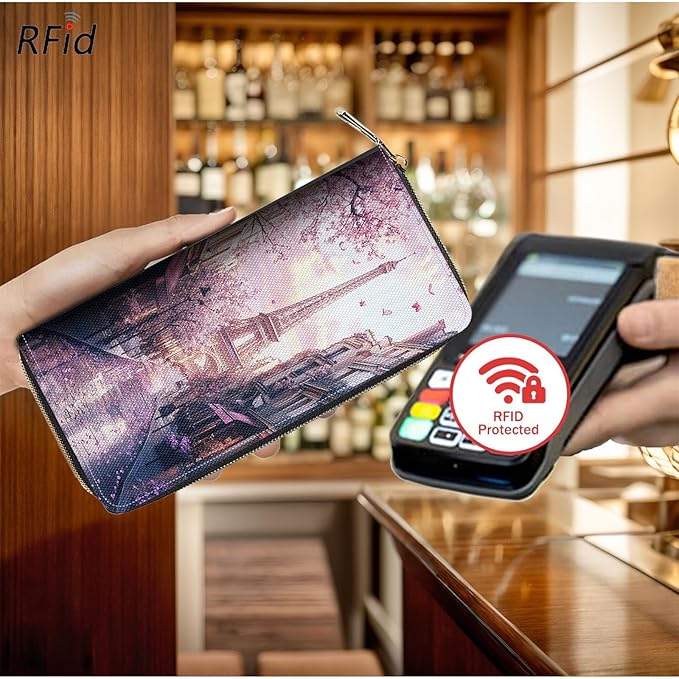 Bxgolkgd Womens Wallet, RFID Blocking Leather Wallet,Large Capacity Wallet Credit Card Holder PU Leather Ladies Clutch with Zipper Coin Pocket - Paris Eiffel Tower Sakura