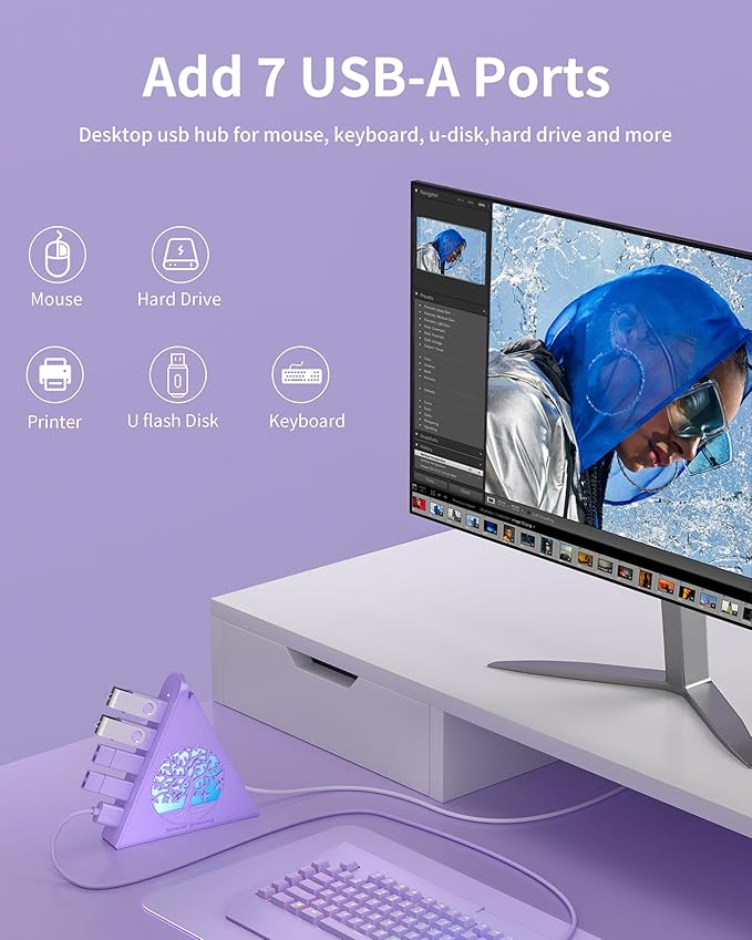 7-Port USB 3.0 Hub, Light Purple Vertical USB Splitter with Tree-Inspired RGB Lights, 5Gbps High-Speed Transfer, 2FT Cable, Compatible with MacBook, PC, Flash Drive, Console, Printer, Camera