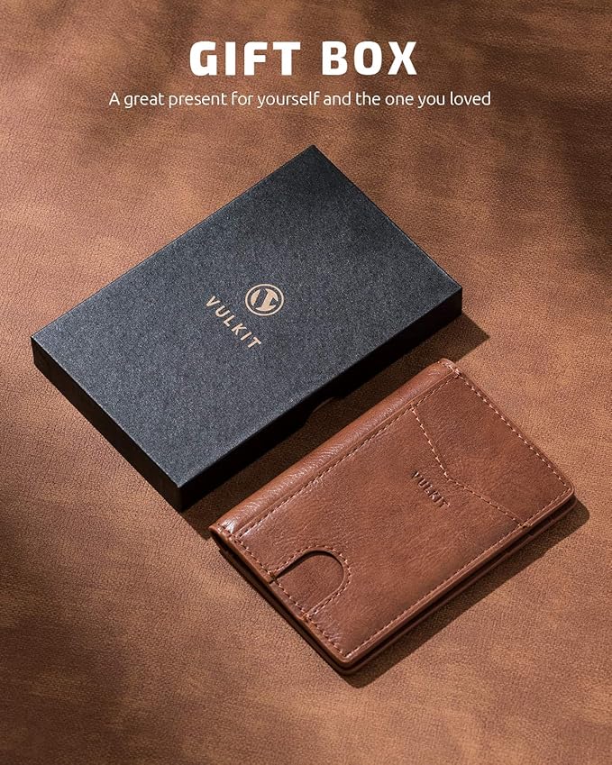 VULKIT Bifold Front Pocket Slim Wallet RFID Blocking Minimalist Thin Leather Credit Card Holder Wallet for Men and Women Brown