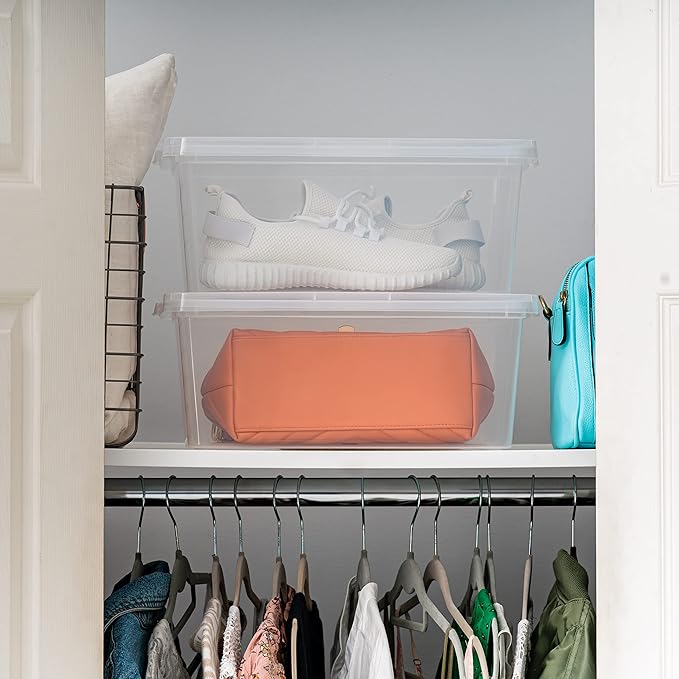IRIS USA 4-Pack Storage Bins with Lids, 15 Quart, Shoe Boxes Clear Stackable Containers Organize Shoes Closet Shelves, Classroom Organization Teacher Tools, Game Storage - BPA-Free Plastic