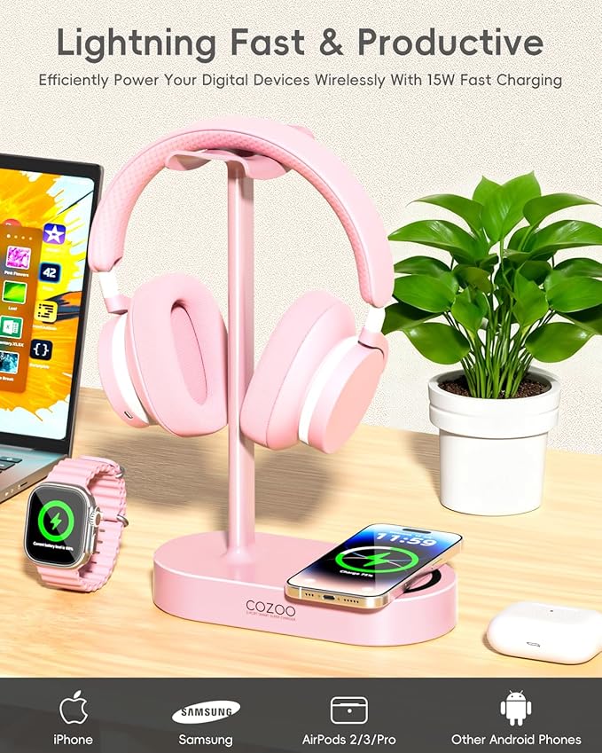cozoo Pink Headphone Stand with 15W Wireless Charger, USB & Type-C Ports,Cute Desk Gaming Headset Holder,Gifts for Women,Teen Girls, Girlfriend,Gamer Girls,Aesthetic Desk Accessories, for Her