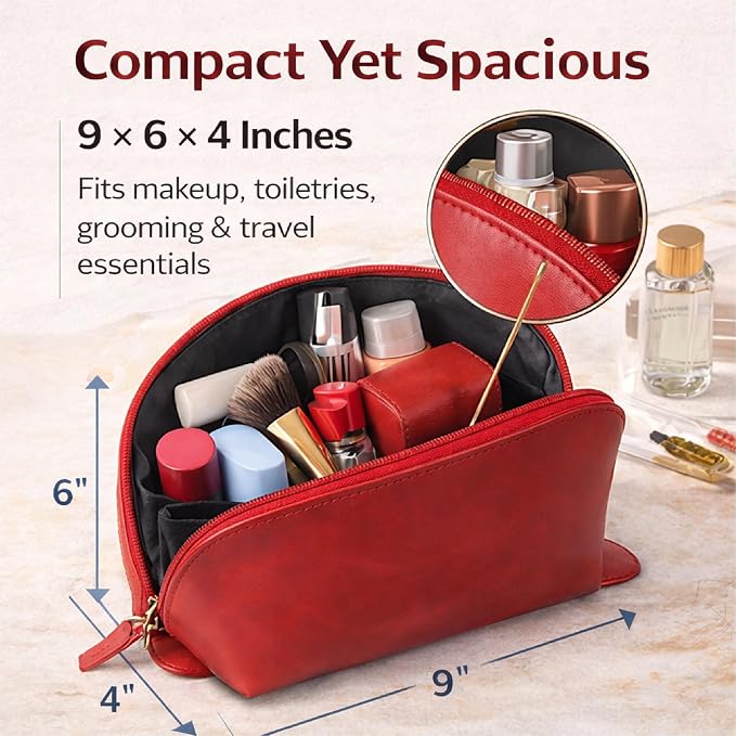 Genuine Leather Toiletry Bag for Men & Women, Leather Makeup Bag, Travel Dopp Kit Organizer with YKK Zipper, Handmade Cosmetics Case for Toiletries & Makeup (9 x 6 x 4 Inch)