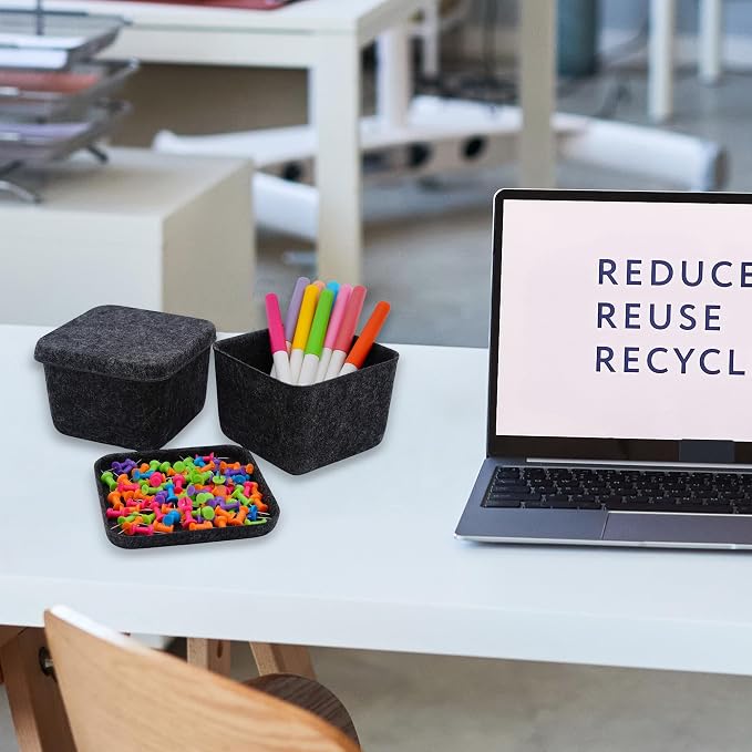 Welaxy 2-piece cubic lidded felt drawer organizer bin desktop stackable storage container with lid decluttering home office for jewelry watch clips binder (Charcoal)