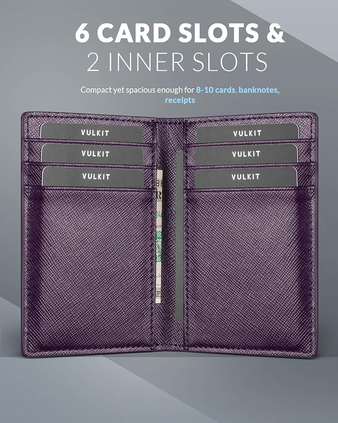 VULKIT Bifold Front Pocket Slim Wallet RFID Blocking Minimalist Thin Leather Credit Card Holder Wallet for Men and Women Cross Wine
