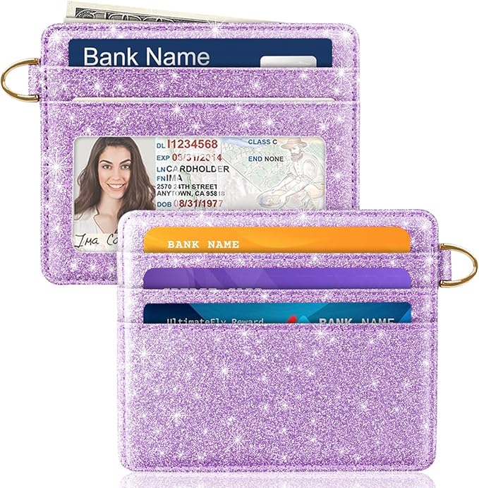 Slim Minimalist Front Pocket RFID Blocking Credit Card Holder Small Wallet Cute Card Cases for Women,Glitter Purple