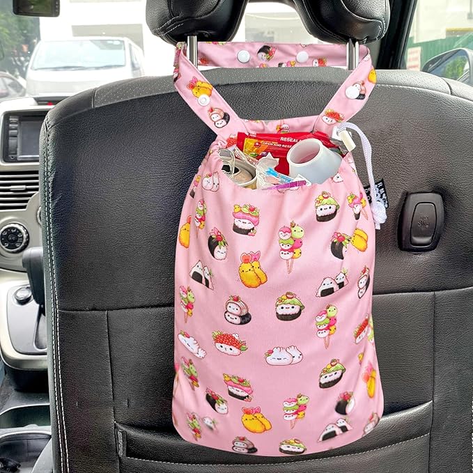 Waterproof Car Trash Bag Reusable Portable Garbage Can with Drawstring Top Adjustable Hanging Strap Leakproof & Washable for Cars SUVs & Trucks (Happy Sushi)