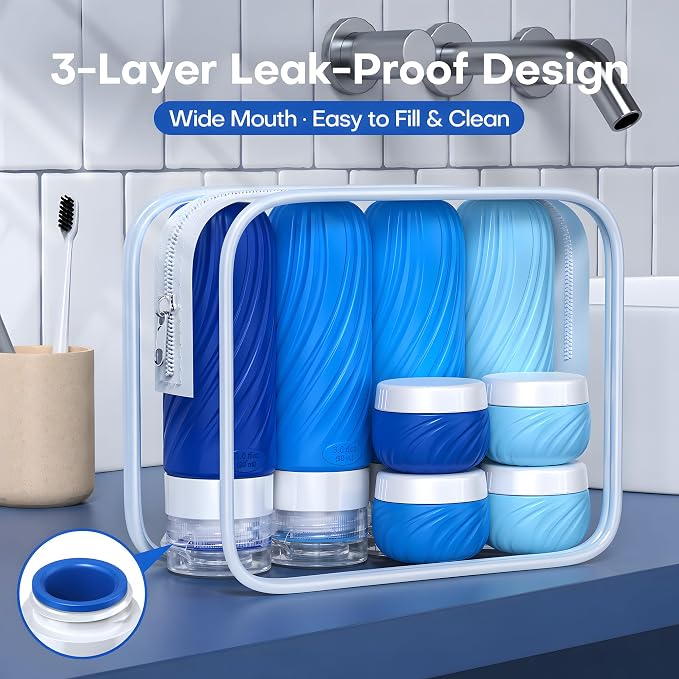 Travel Bottles for Toiletries 8 Pack: TSA Approved 3oz Leak Proof Containers - Silicone Squeezable Bottles for Shampoo Lotion - Travel Essentials for Women Men with Clear Bag