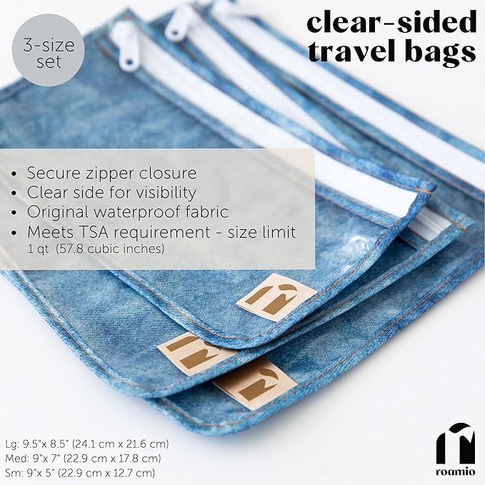 Bumkins Roamio Travel Bag, Toiletry, TSA Approved Pouch, Zip Quart Size Airline Compliant, Clear-Sided, Baby, Diaper Bag Organization, Makeup, Accessories, Carry On Packing, Set of 3 Sizes, Faux Denim