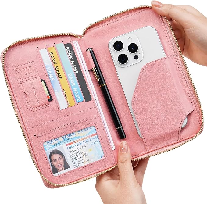 GOIACII Passport Wallet Travel Crossbody Bags for Women Wristlet Phone Purse Double Zip Vegan Leather Pink