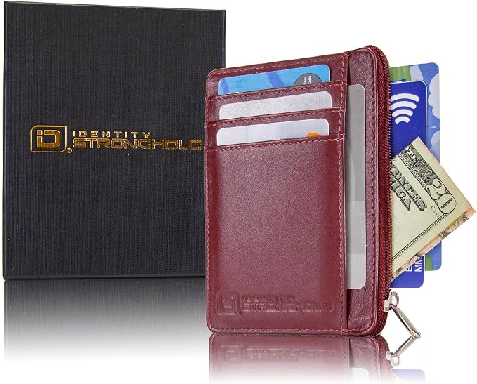 ID STRONGHOLD RFID Front Pocket Wallet Mini Minimalist Wallet Slim Wallet Genuine Leather with Zipper , Red , Small