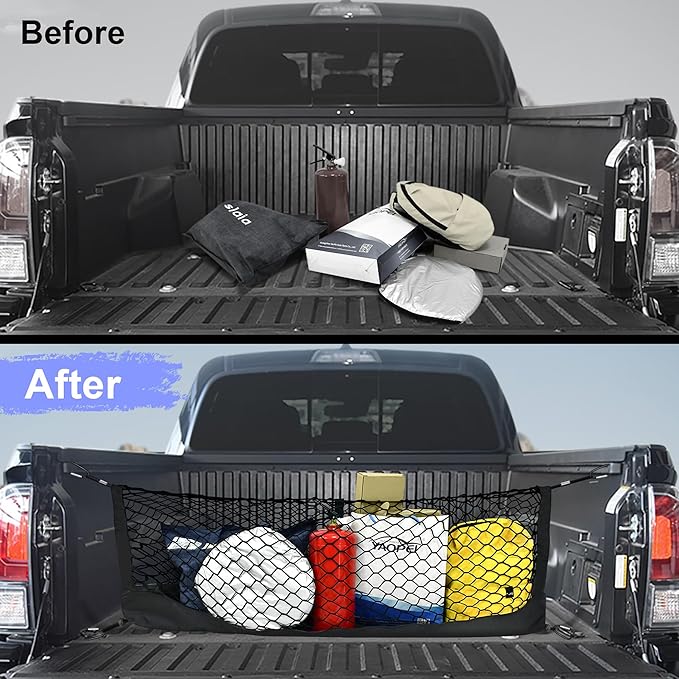 Truck Bed Cargo Net for Toyota Tacoma 2005-2024, Envelope Style Pickup Cargo Net with Storage Bag, Heavy Duty Elastic Mesh Organizer with Carabiners, Secures Groceries & Gear