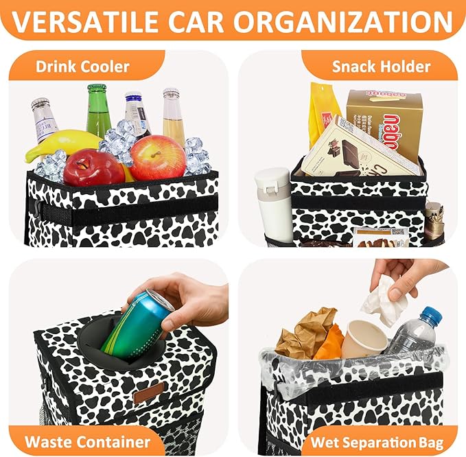Vankor 3 Gallons Car Trash Can with Lid, Car Bag Bin Hanging Waterproof Automotive Garbage Cans Leak Proof Vehicle Trash Can Cow Print